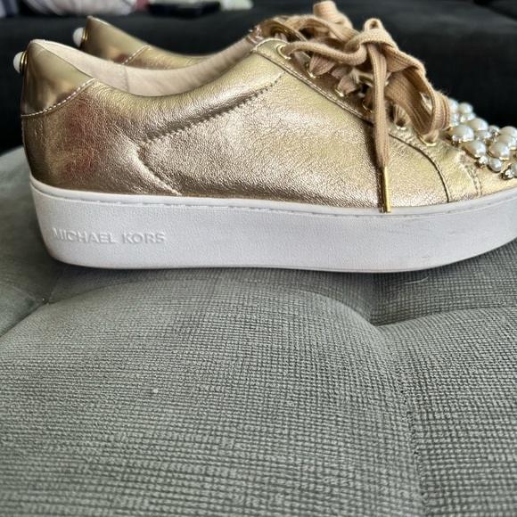 Michael Kors Gold Foil Sneakers 7.5 with Pearls and Rhinestones - Picture 7 of 9